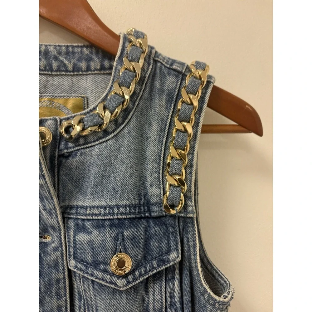 Michael Kors Denim Chain Link Collared Neck Sleeveless Belted Shirt Dress Sz 2